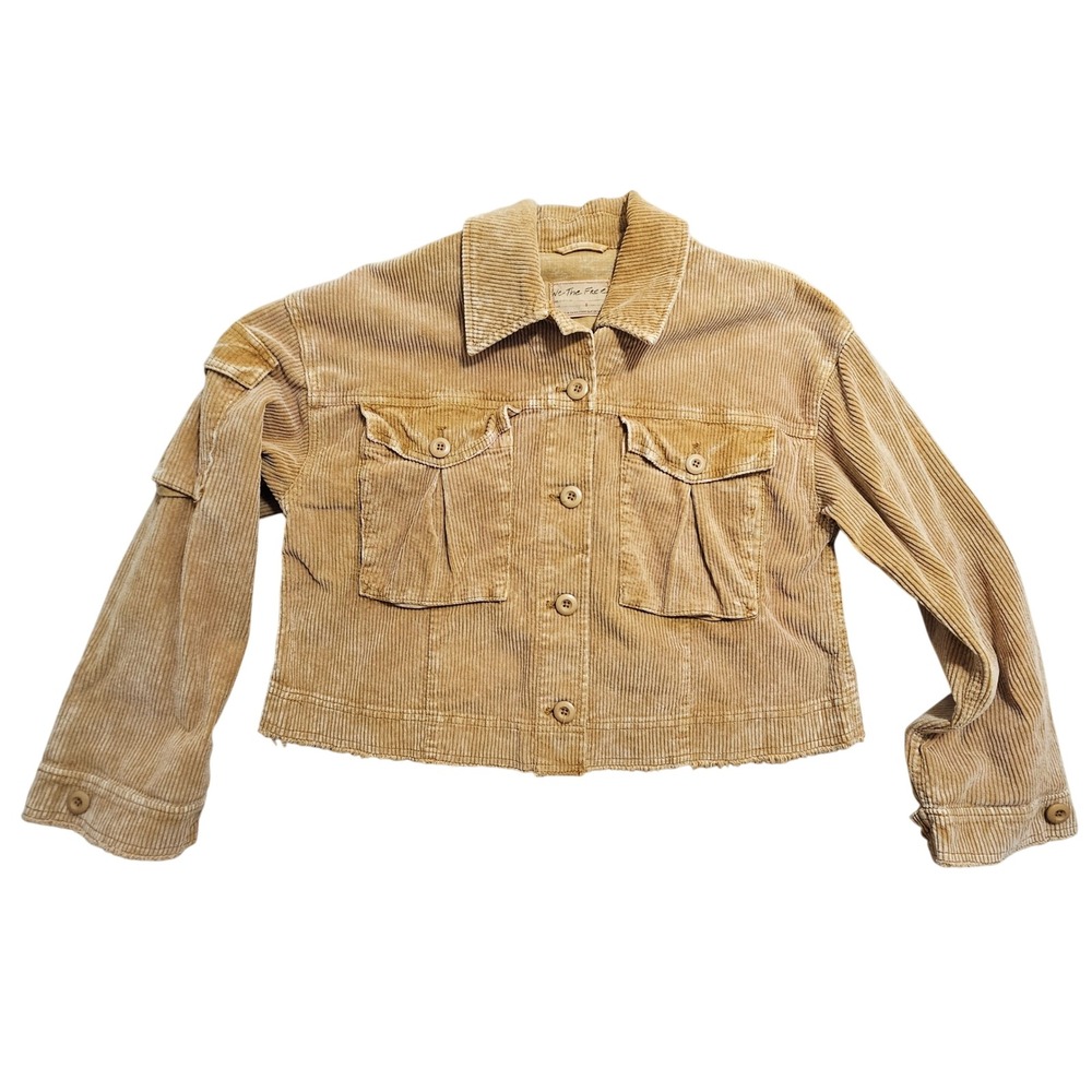 Free People We The Free Corduroy Jacket S Tan Cropped‎ Raw Hem Cargo Pocket